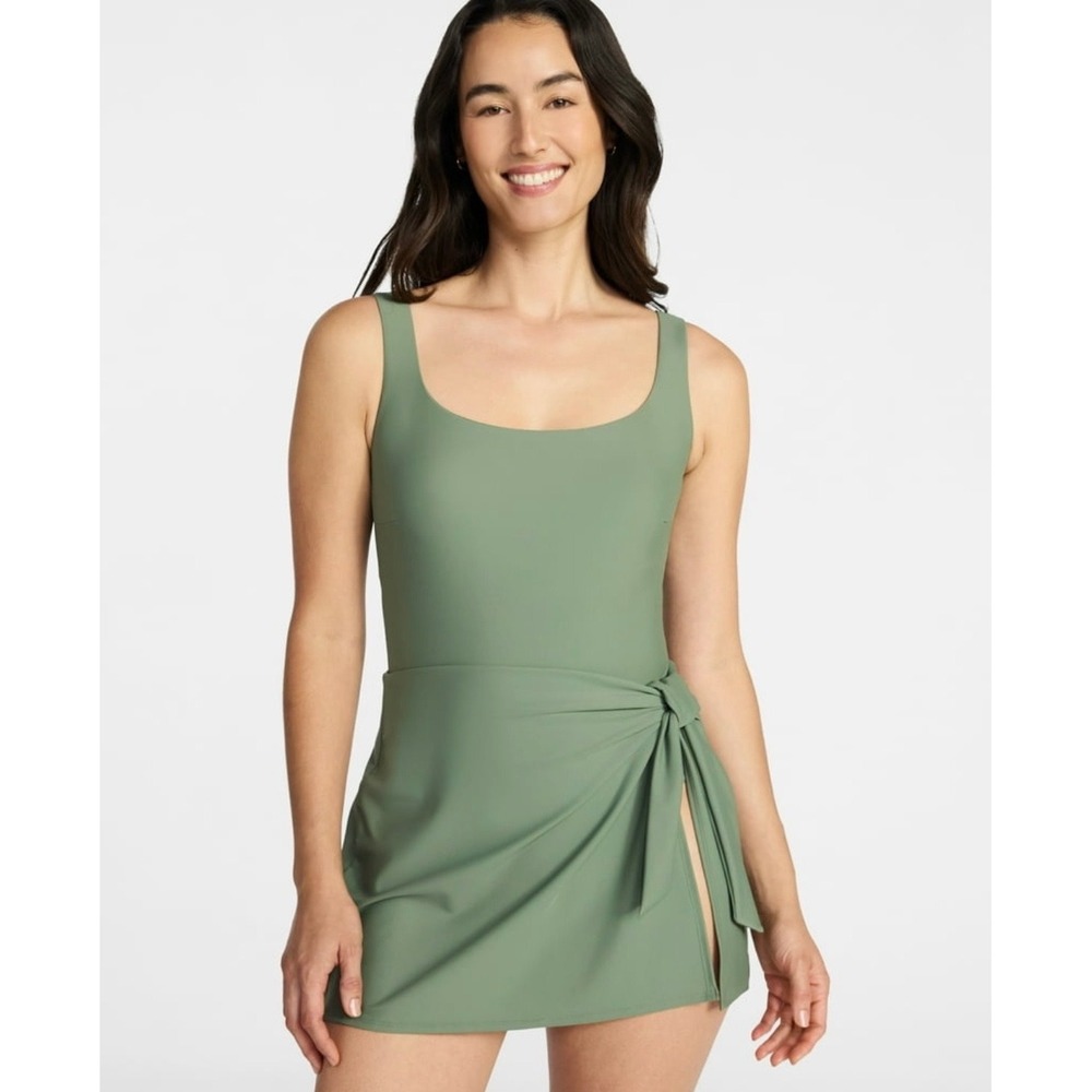 Time and Tru Women Olive Night Faux Wrap Swim Dress Large 12-14 NWT
